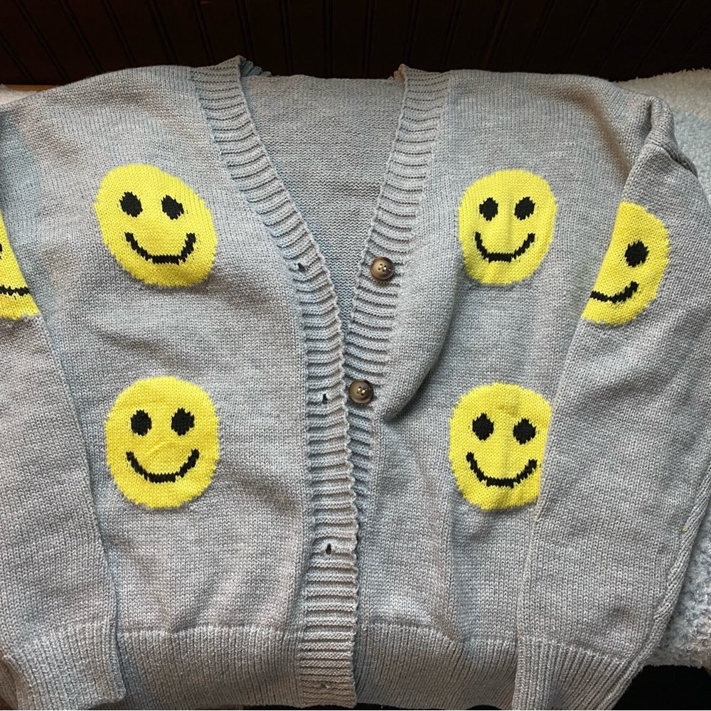 Gray Cardigan with Yellow Smiley Faces
